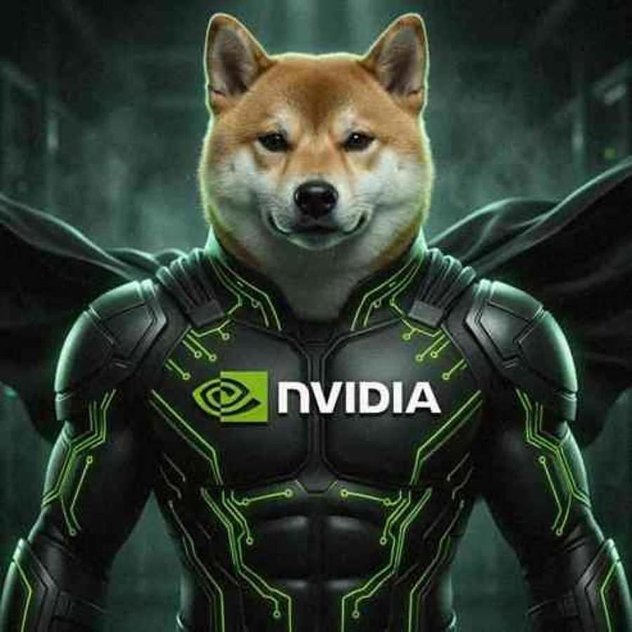 Shiba Inu in a black superhero suit with green circuit lines